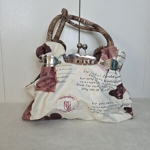 Vintage Design Coin Purse Style Handbag White with Earthtones and Mauve Patterns